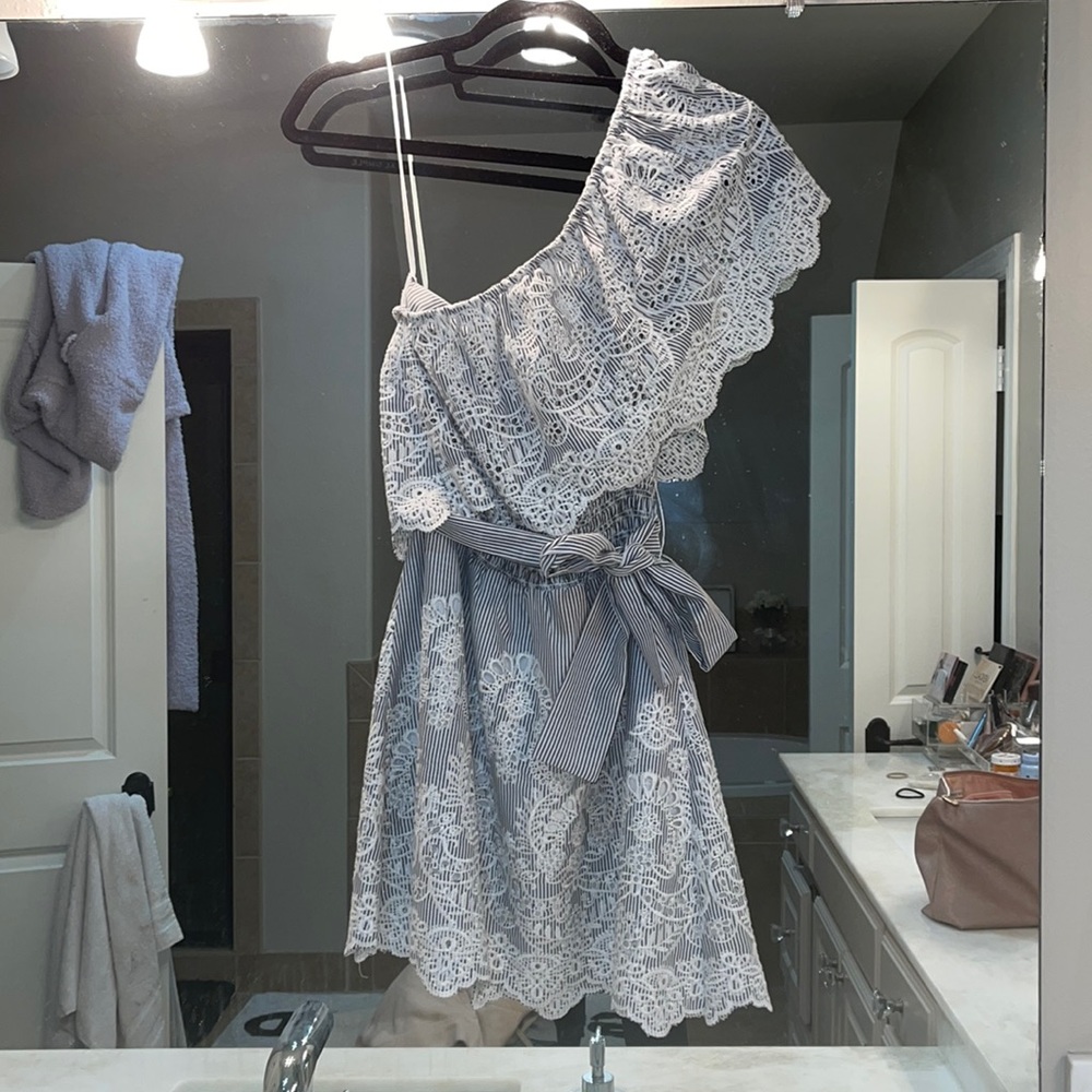 SAYLOR Blue and white lace off the shoulder dress